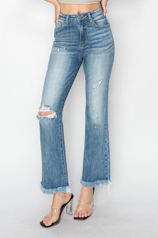 High Rise Crop Bootcut Frayed Jeans