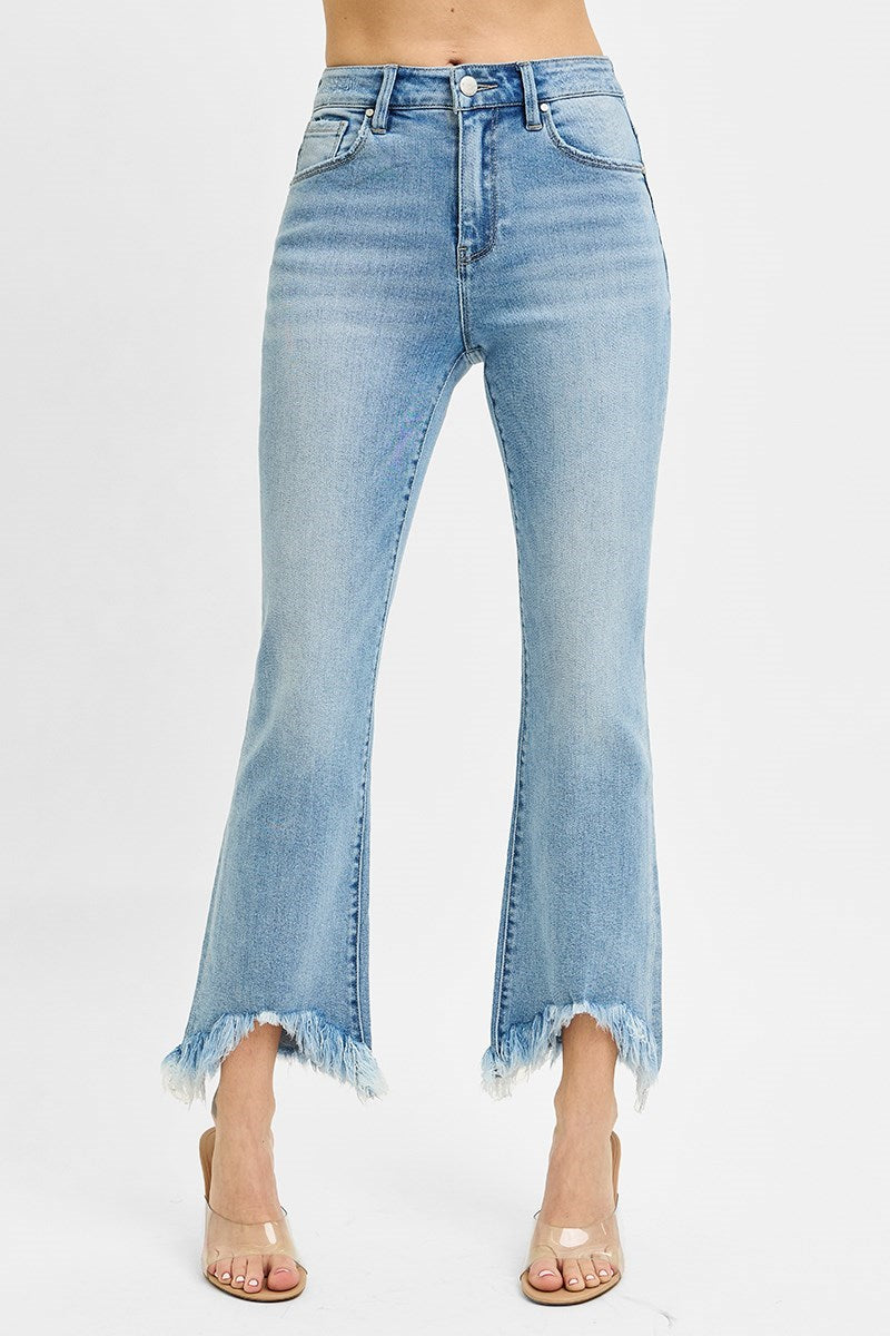 High Rise Crop Bootcut Fray Hem Jeans