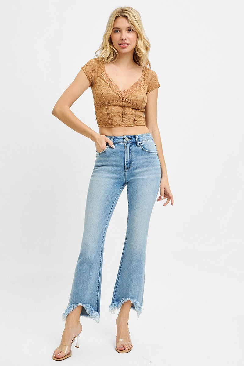 High Rise Crop Bootcut Fray Hem Jeans
