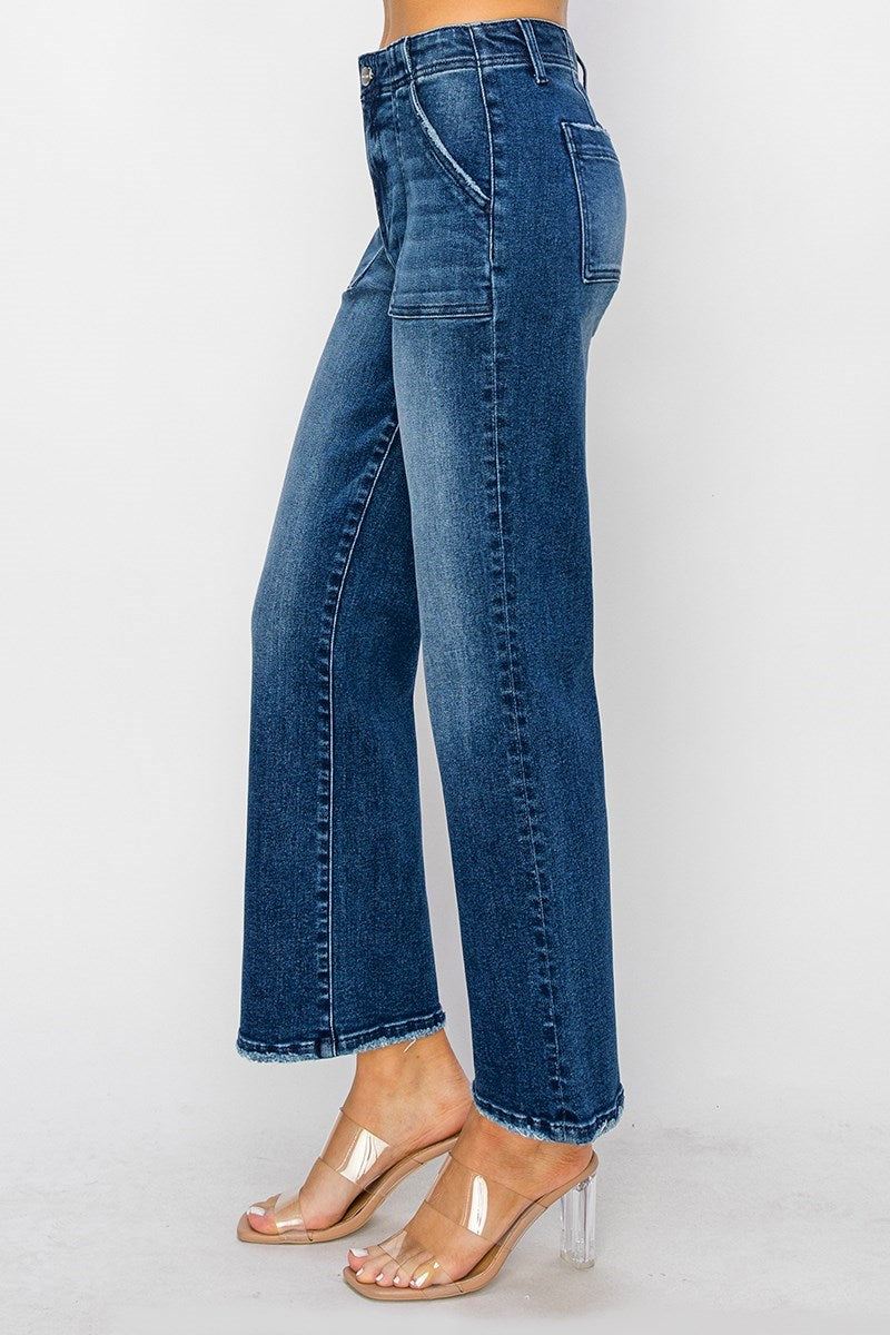 High Rise Ankle Flare Dark Wash Patch Pocket