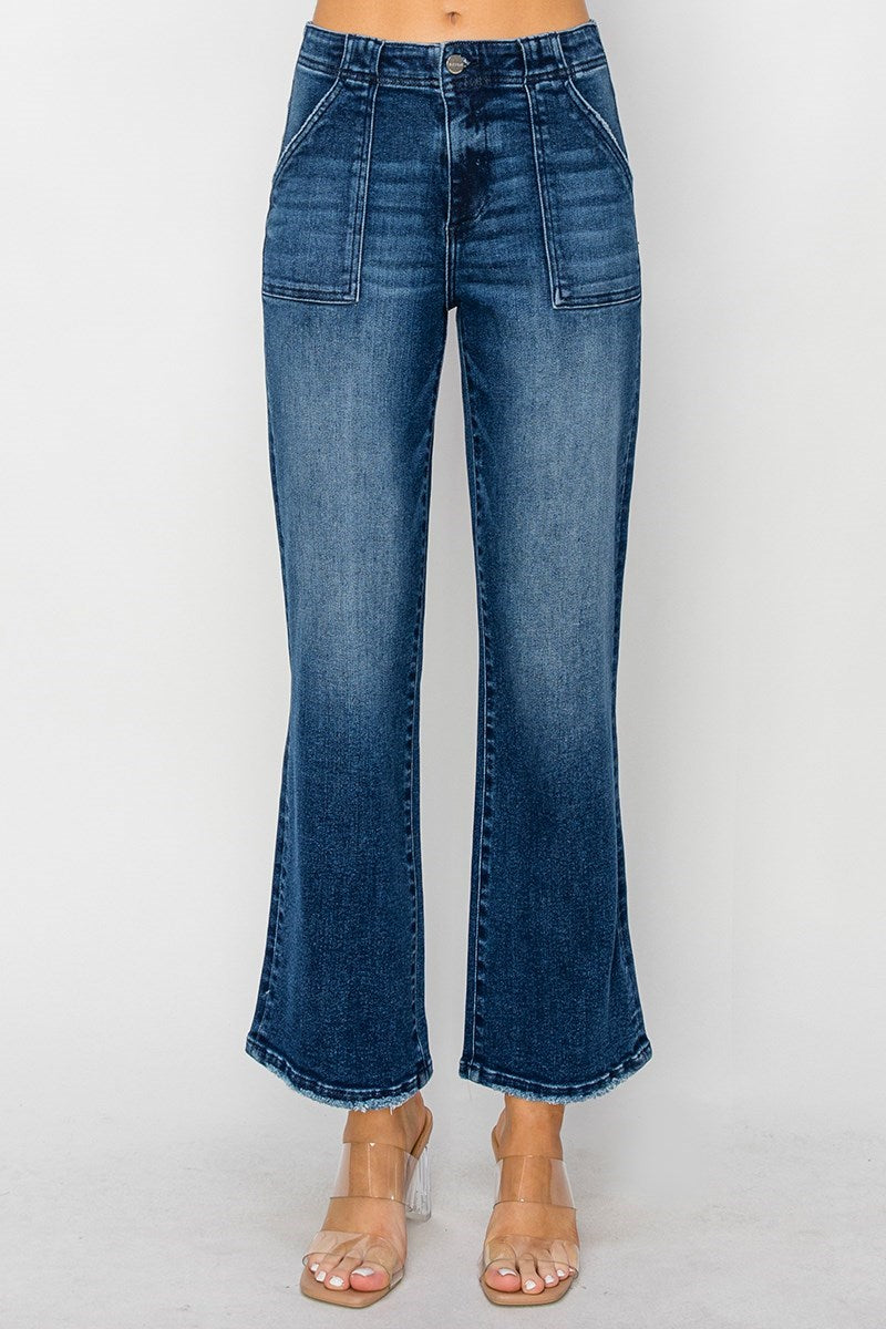 High Rise Ankle Flare Dark Wash Patch Pocket