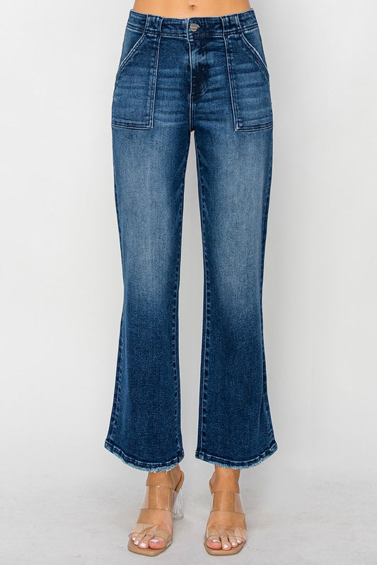 High Rise Ankle Flare Dark Wash Patch Pocket