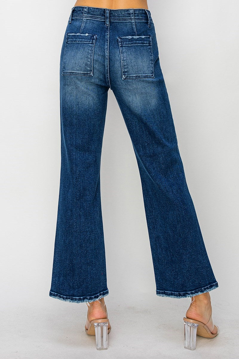 High Rise Ankle Flare Dark Wash Patch Pocket