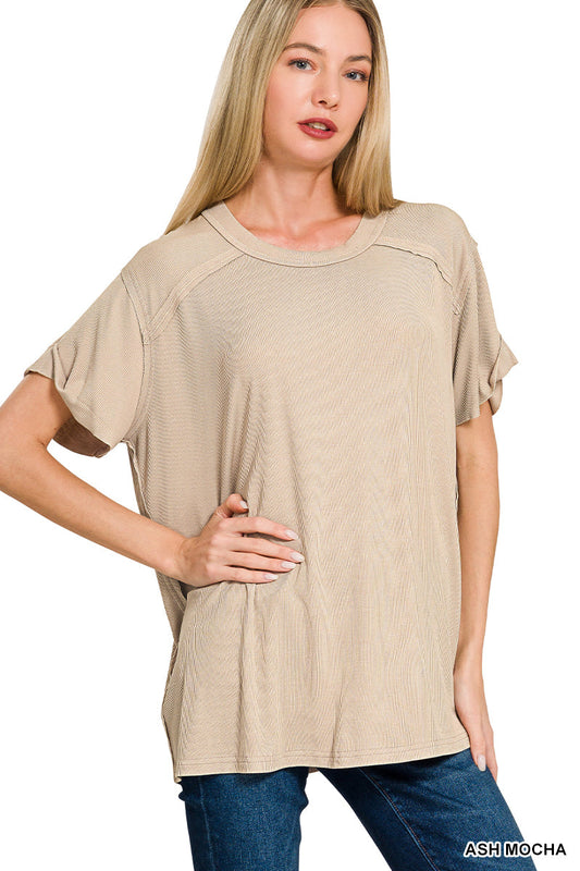 Ash Mocha • Washed Ribbed Boat Neck Top