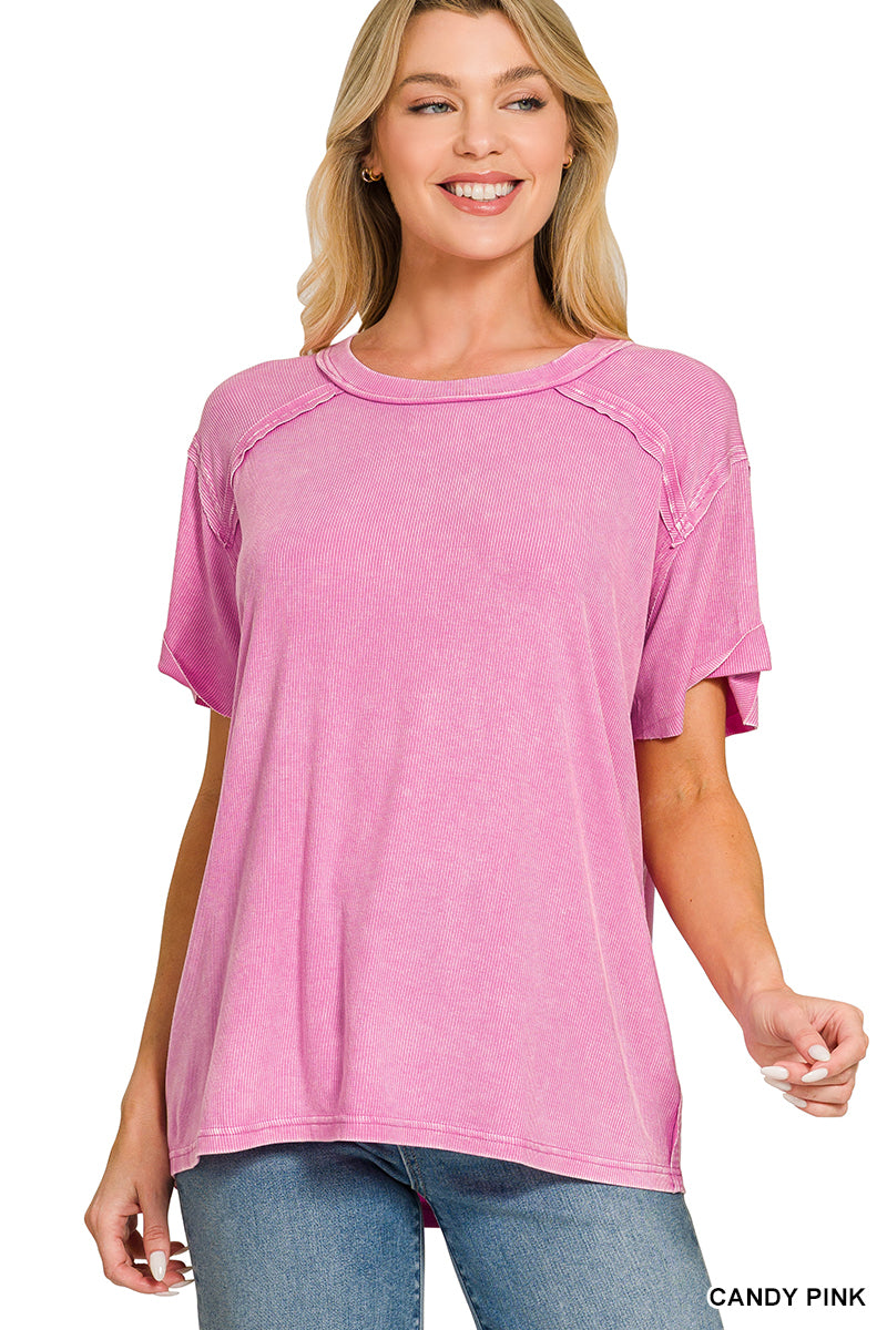 Candy Pink • Washed Ribbed Boat Neck Top