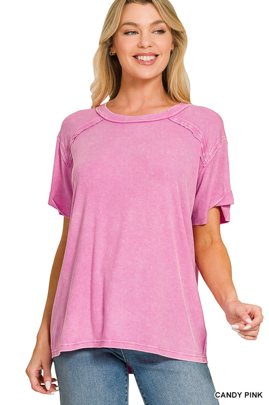 Candy Pink • Washed Ribbed Boat Neck Top