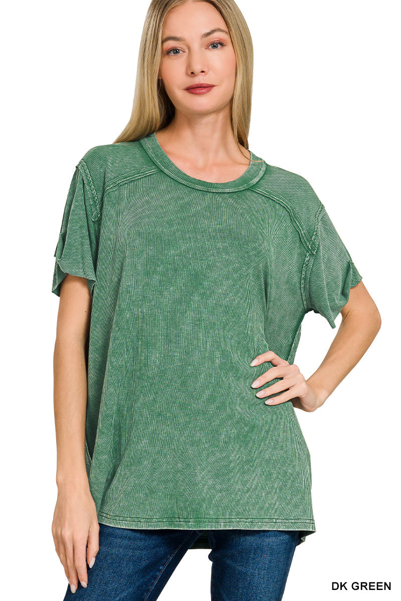 Dark Green • Washed Ribbed Boat Neck Top