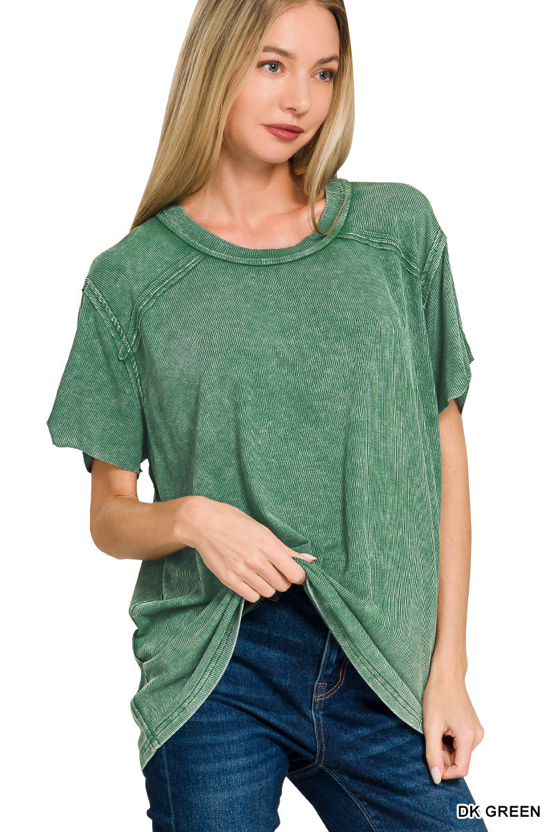 Dark Green • Washed Ribbed Boat Neck Top