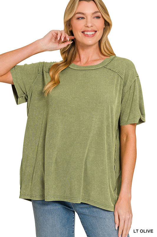 Lt Olive • Washed Ribbed Boat Neck Top