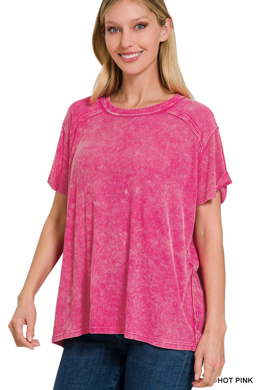 Hot Pink • Washed Ribbed Boat Neck Top