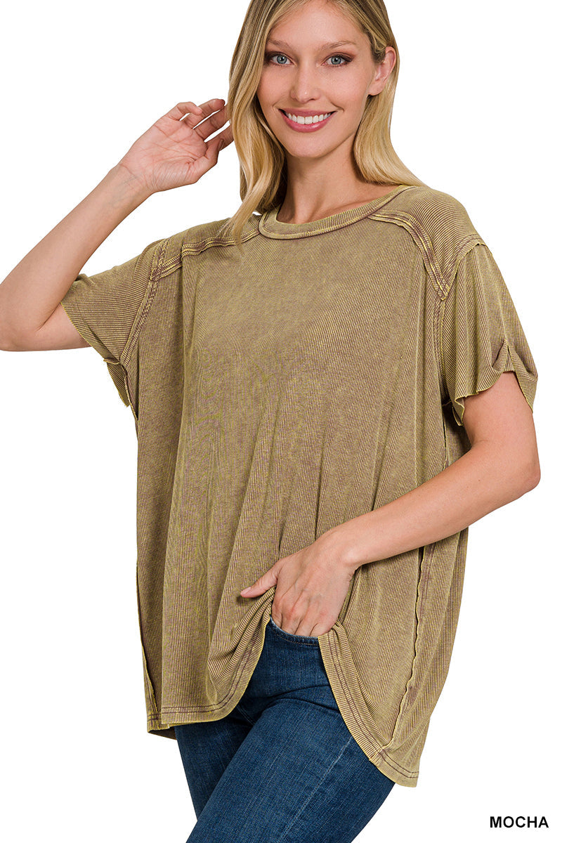 Mocha • Washed Ribbed Boat Neck Top