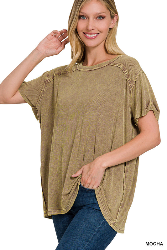 Mocha • Washed Ribbed Boat Neck Top