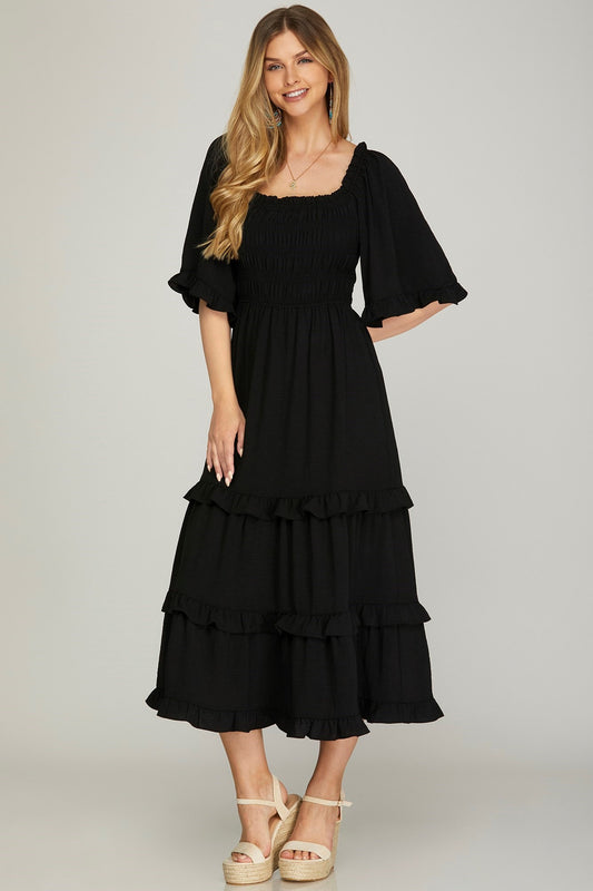 Bell Sleeve Square Neck Smocked Midi Dress