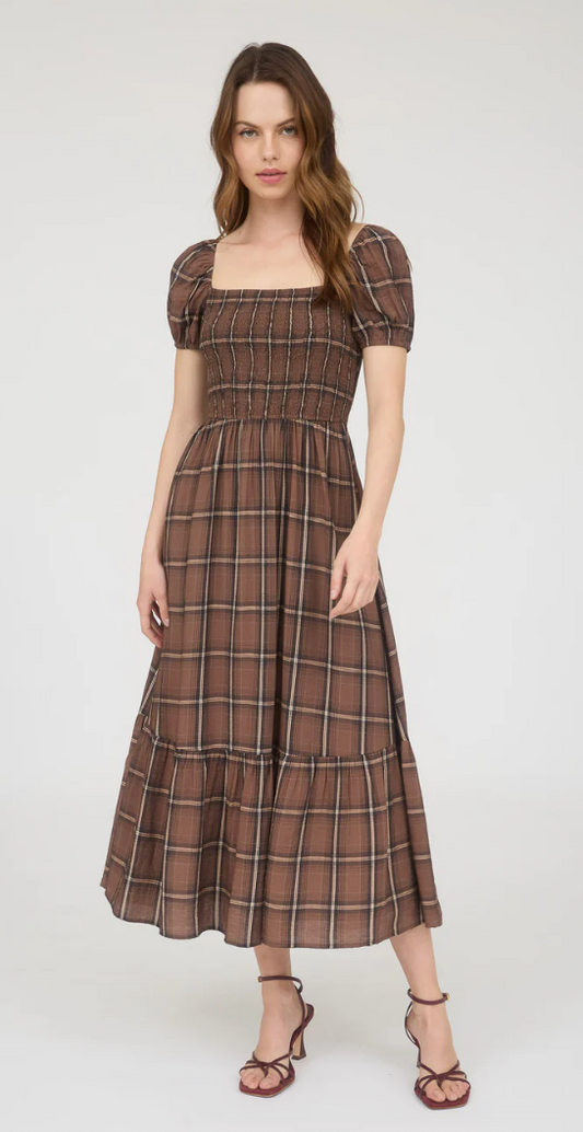Plaid smocked puff sleeve ruffle hem midi dress