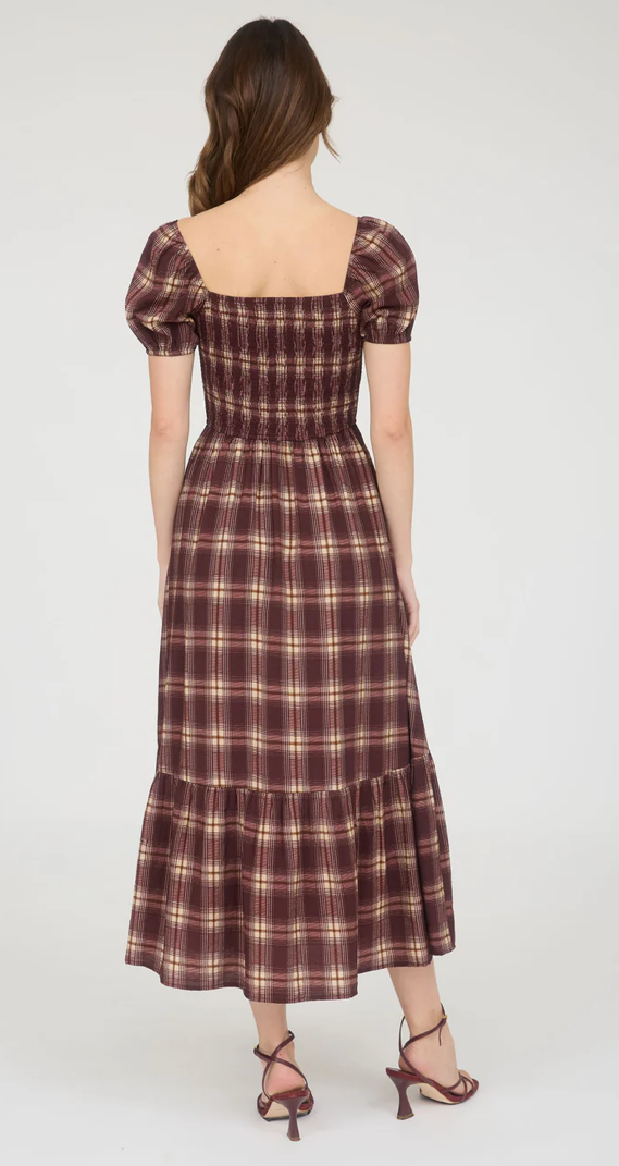Plaid smocked puff sleeve ruffle hem midi dress
