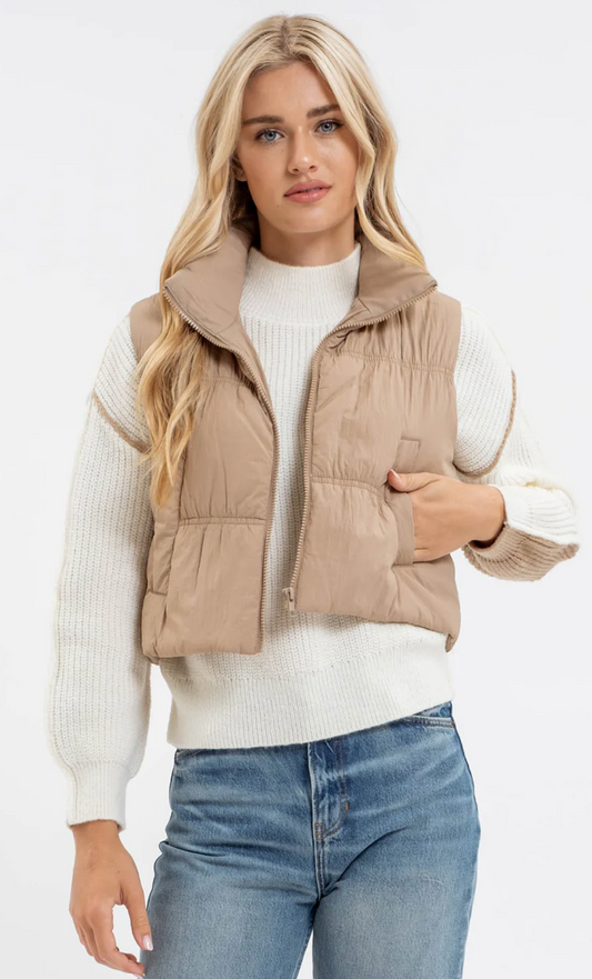 Collared zip up cropped puffer vest