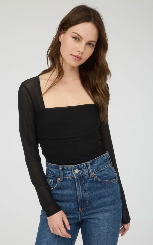 Ruched waist square neck long sleeve knit top