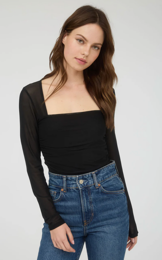 Ruched waist square neck long sleeve knit top