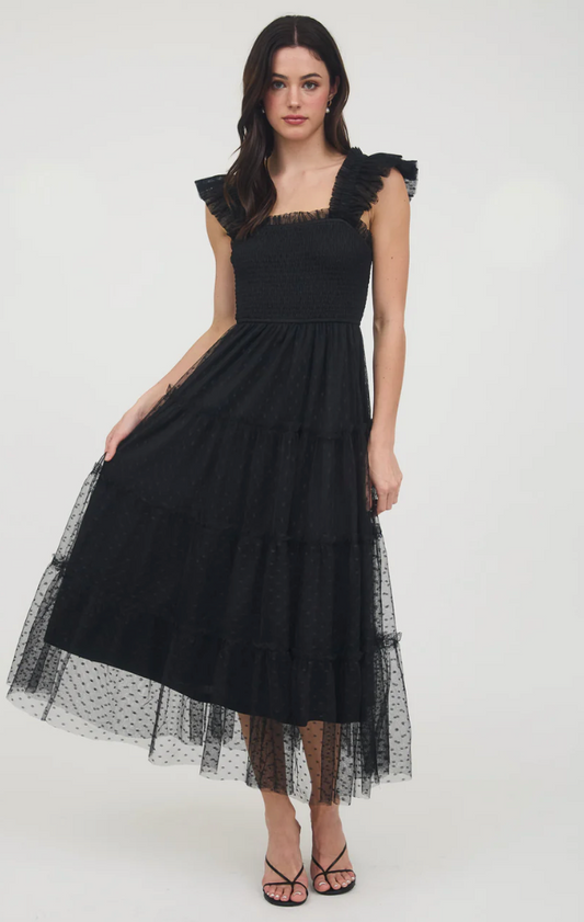 Polka dot chiffon smocked tiered midi dress