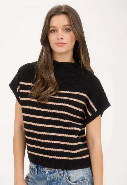 Stripe mock neck short sleeve knit sweater