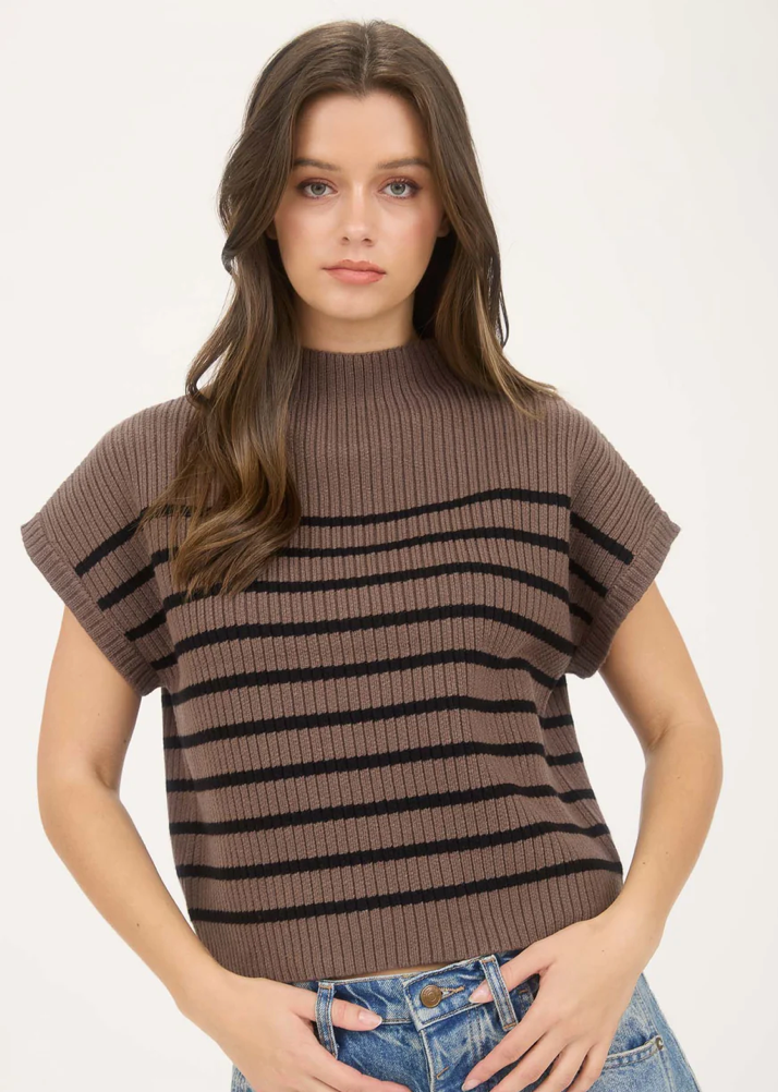 Stripe mock neck short sleeve knit sweater