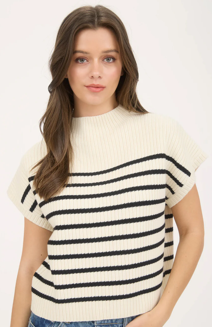 Stripe mock neck short sleeve knit sweater