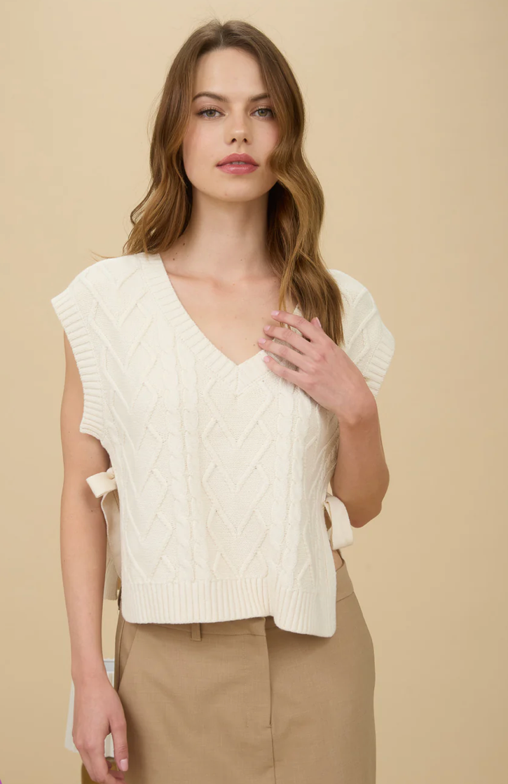 Cable knit v neck side tie sweater vest