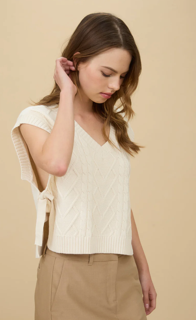 Cable knit v neck side tie sweater vest
