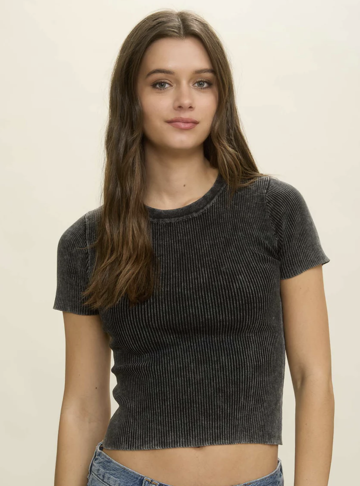 Washed ribbed short sleeve cropped knit tee