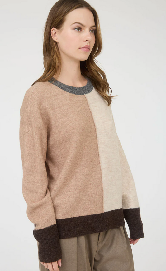 Colorblock front seam long sleeve knit sweater