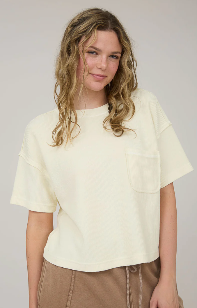 Washed ribbed short sleeve tee with pocket