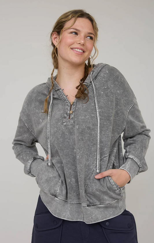 Washed hooded Henley knit sweater