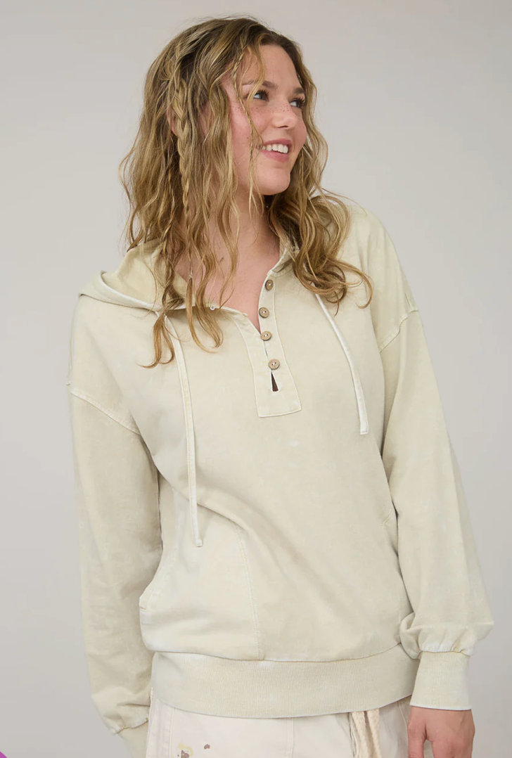 Washed hooded Henley knit sweater