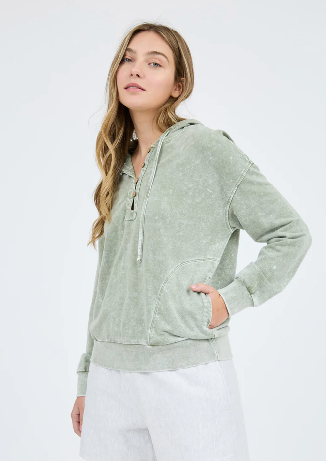 Washed hooded Henley knit sweater