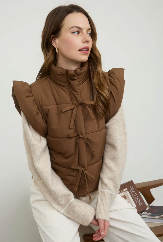 Flutter sleeve bow detail zip-up puffer vest