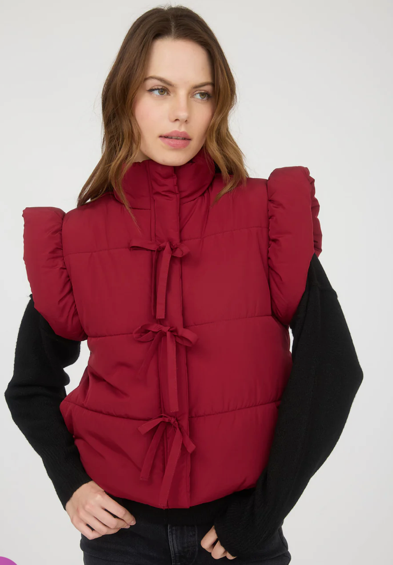 Flutter sleeve bow detail zip-up puffer vest
