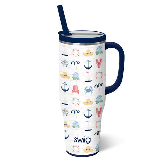 Travel mug with beach-themed design and 'swig' branding on a white background