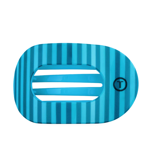 Blue striped flat round TELETIE clip. 