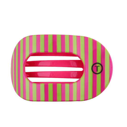 Pink and green round flat claw clip. 