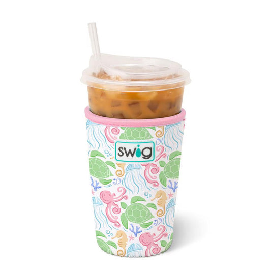 Colorful swig tumbler with sea-themed design on a white background