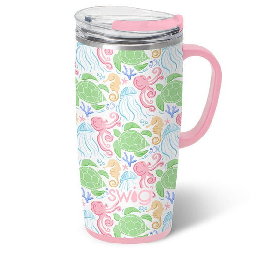 Colorful Swig tumbler with sea-themed design on a white background