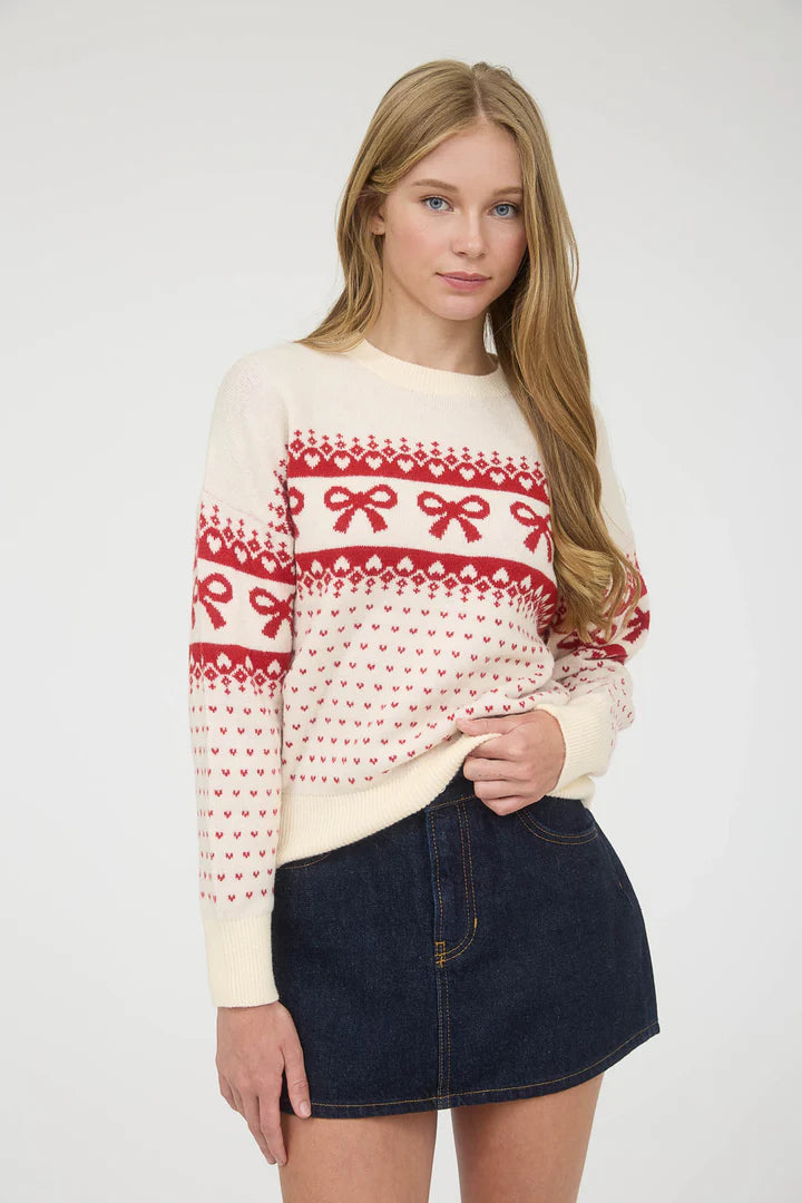Bow and Heart Jacquard Knit Pullover