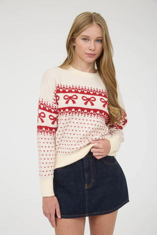 Bow and Heart Jacquard Knit Pullover