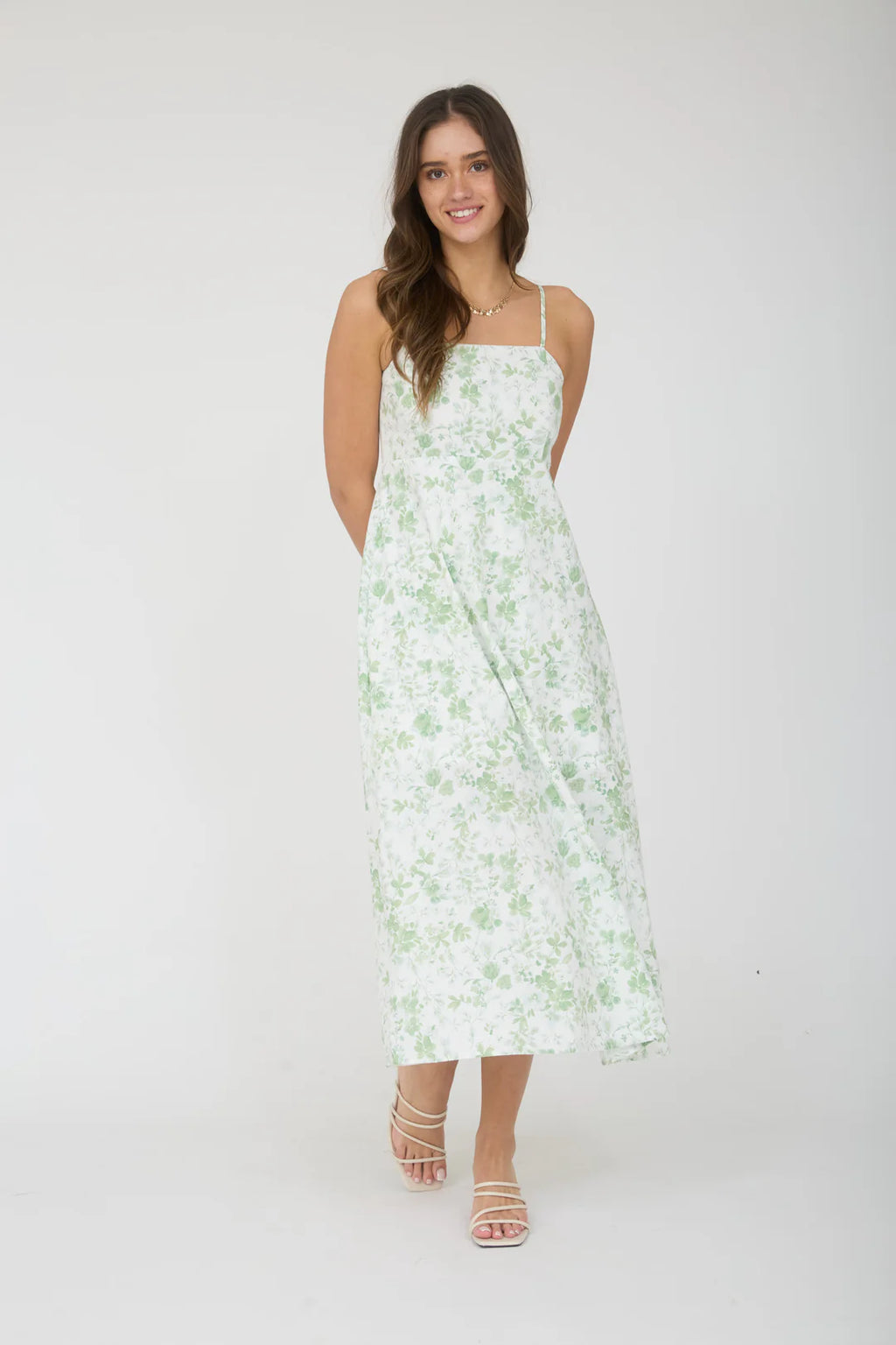 Blu Pepper Square Neckline Floral Pattern Midi Dress