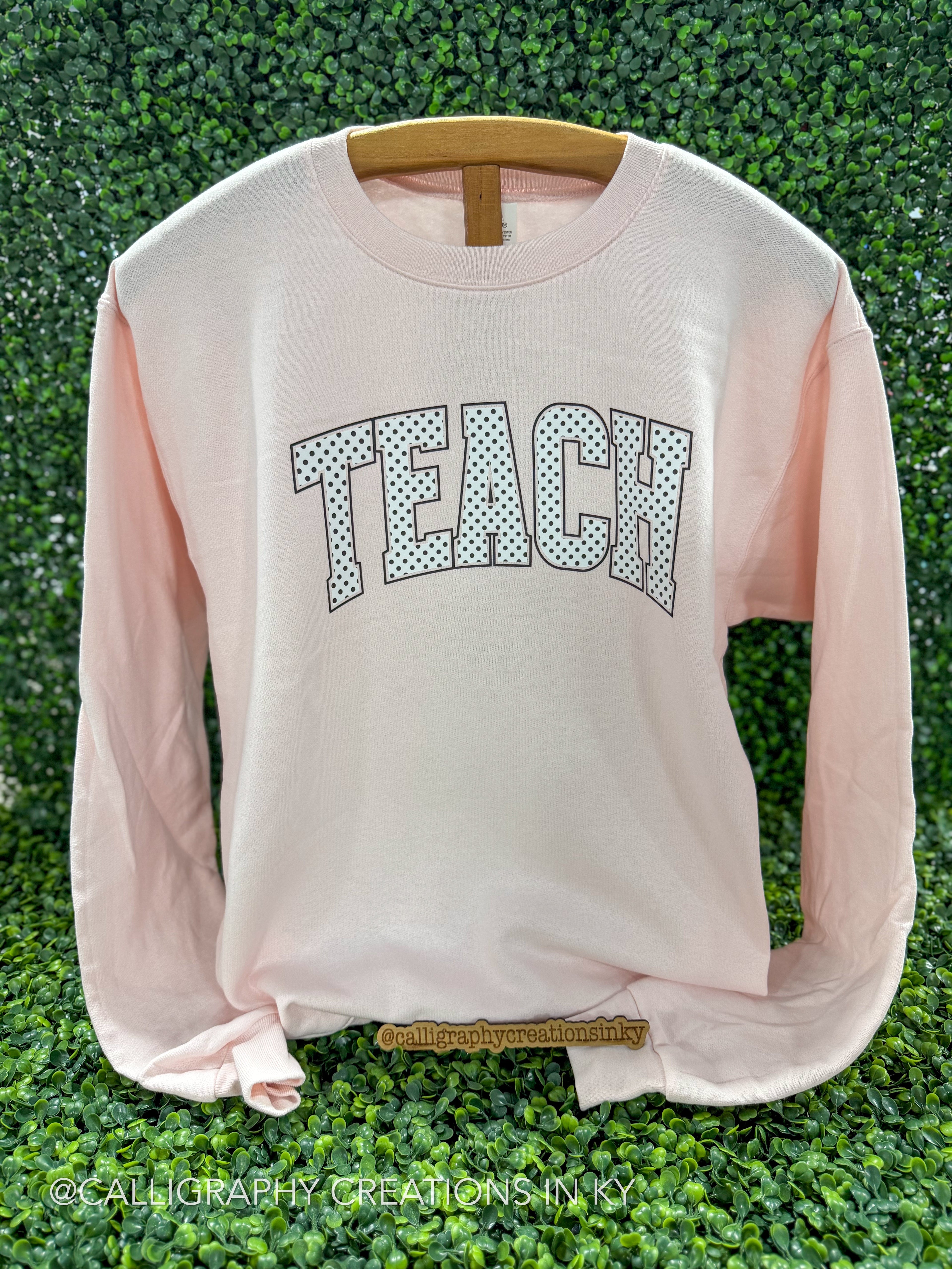 A light pink long-sleeve t-shirt with 'TEACH' printed across the chest in a white and black dotted collegiate font, displayed on a wooden hanger against a green leaf wall background.