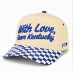 Beige cap with blue checkered brim and 'With Love, From Kentucky' text on a white background