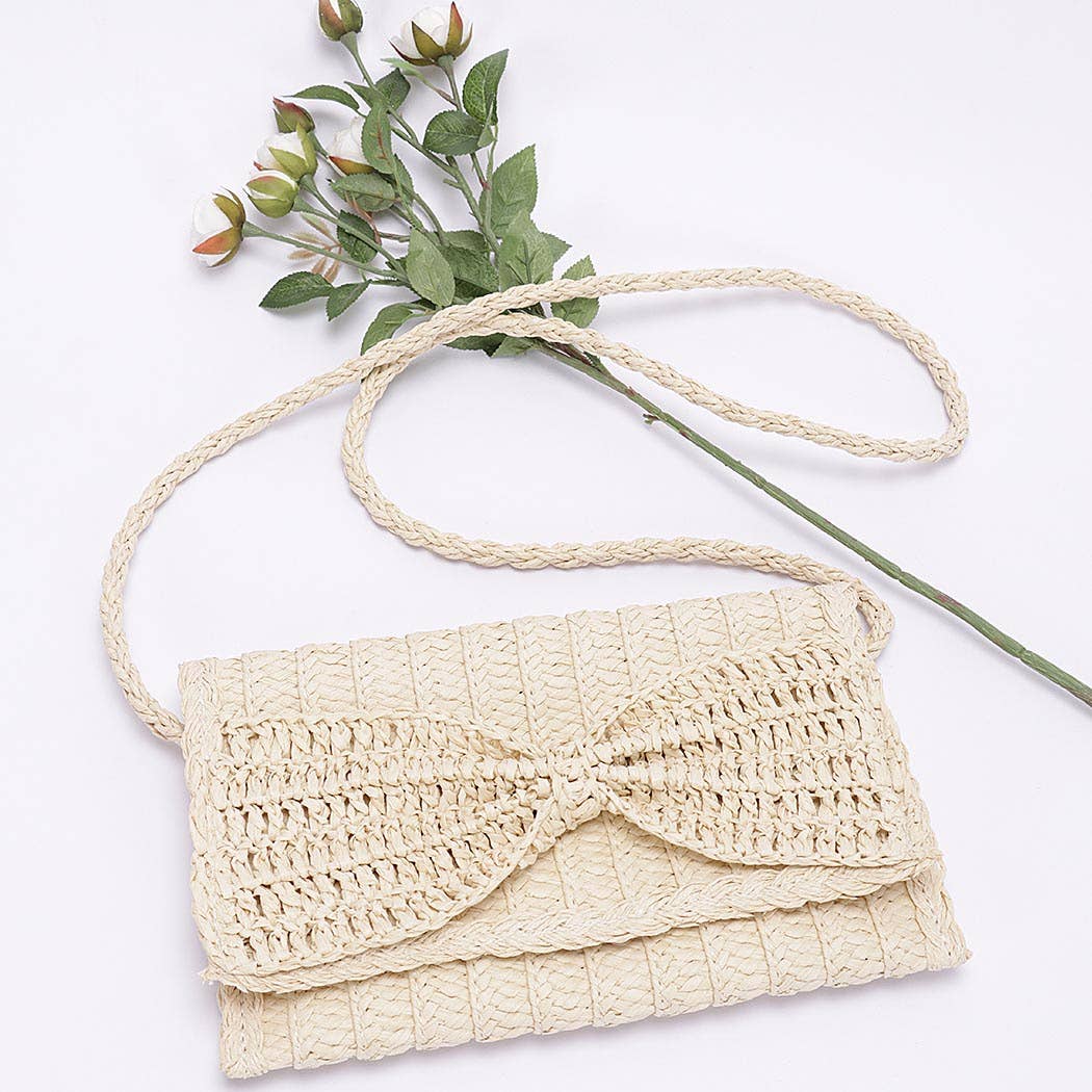 Faux Straw Handmade Ribbon Flap Cltuch