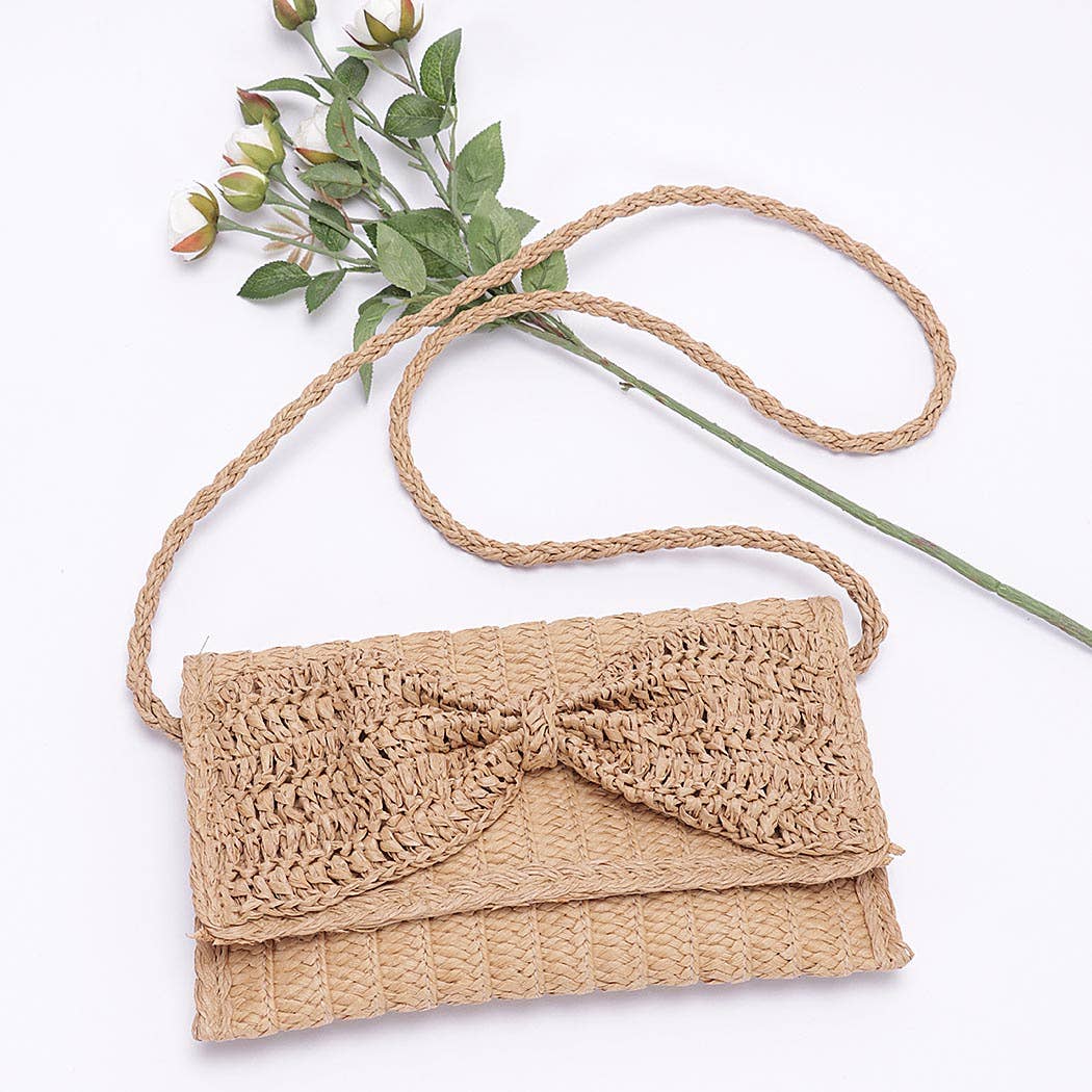 Faux Straw Handmade Ribbon Flap Cltuch