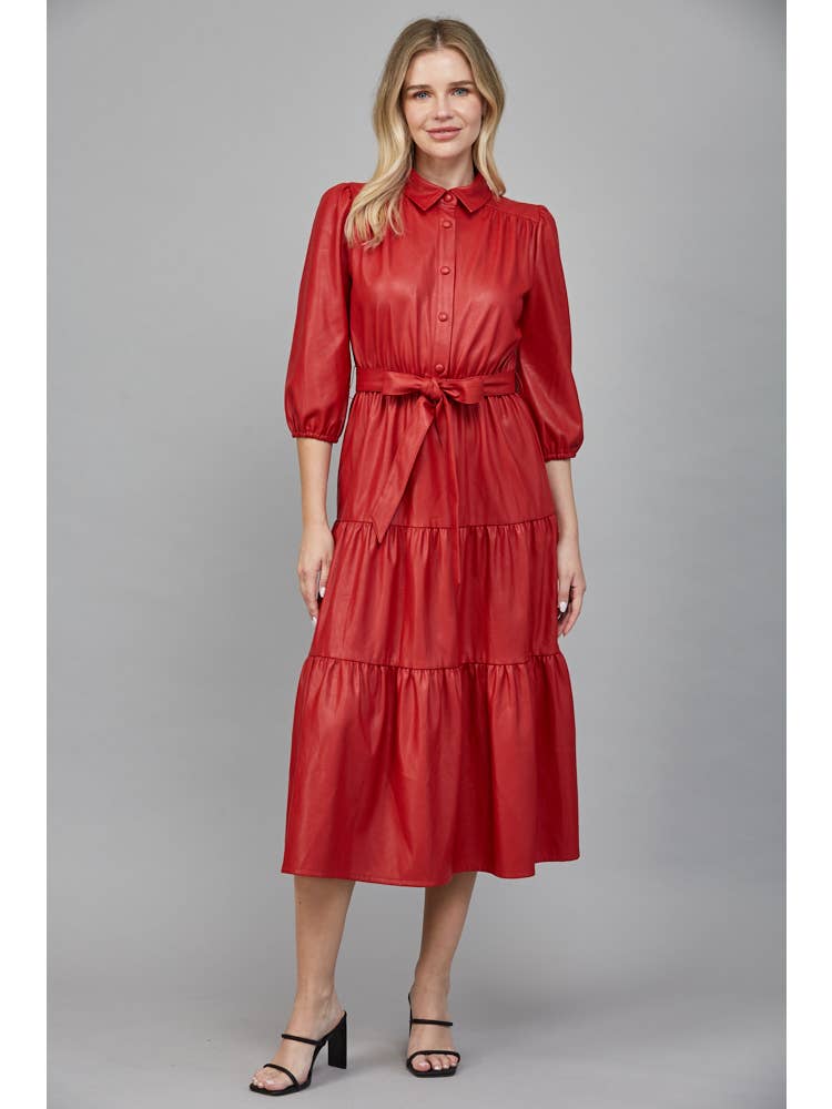 Faux Leather Tiered Midi Dress