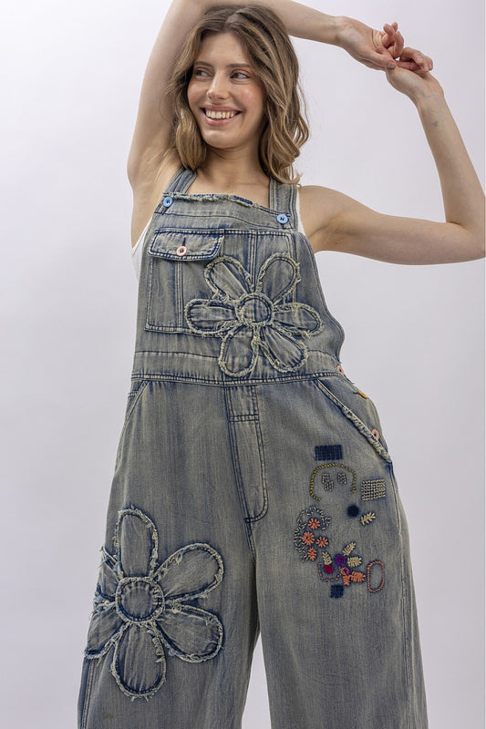 Women’s flower patchwork embroidered denim overalls full length